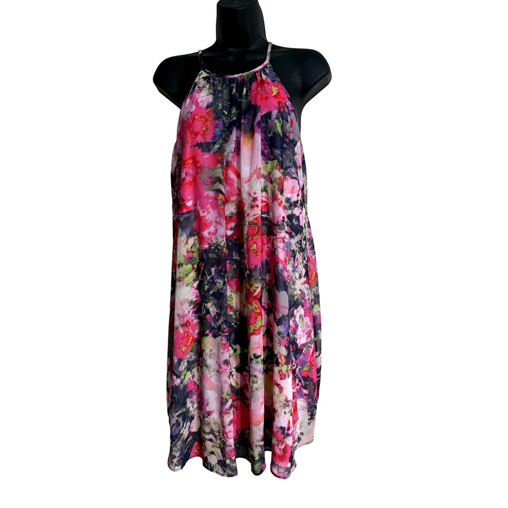Maggy London Womens Pink Floral Halter Chiffon Shift Dress Size 8 Pleated Neck